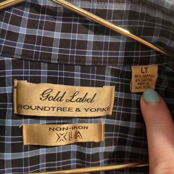 Gold Label Roundtree & Yorke Men's LT Blue Plaid Non-Iron Button-Down Shirt - Picture 2 of 6